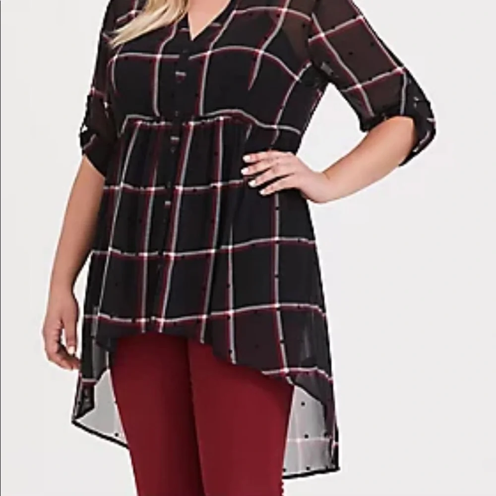 Torrid Sheer Chiffon Plaid Lexie Polka Dot Babydoll Blouse Tunic Size 1X - Picture 3 of 8